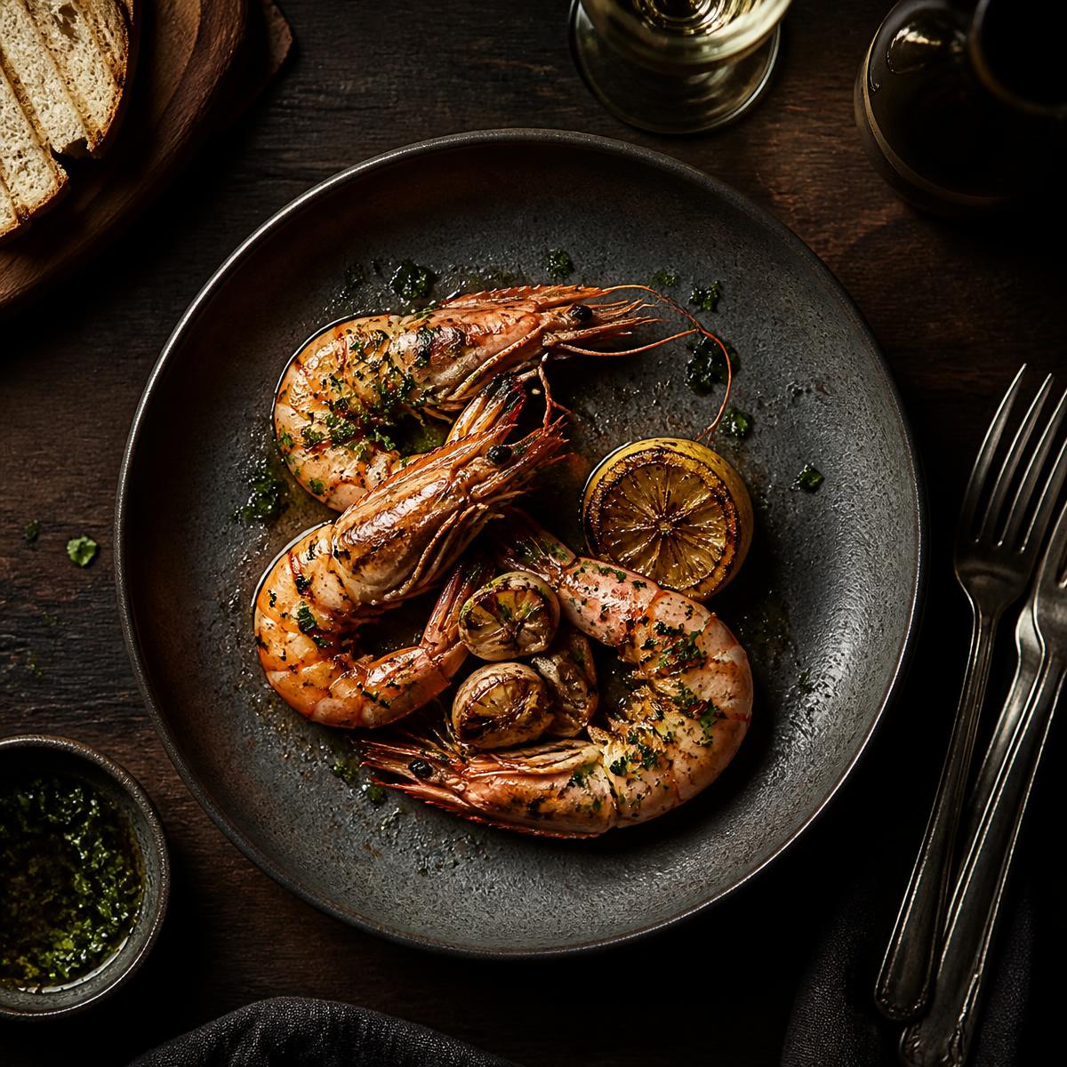 Gambas grillées, plat gastronomique