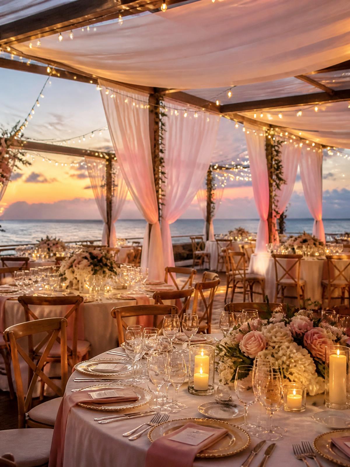 Décor de mariage sous les pergolas illuminées